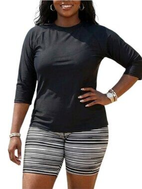 Inno Plus Size 1X Swimwear Set Short Sleeve Rash Guard Striped Boyshorts UPF 50+